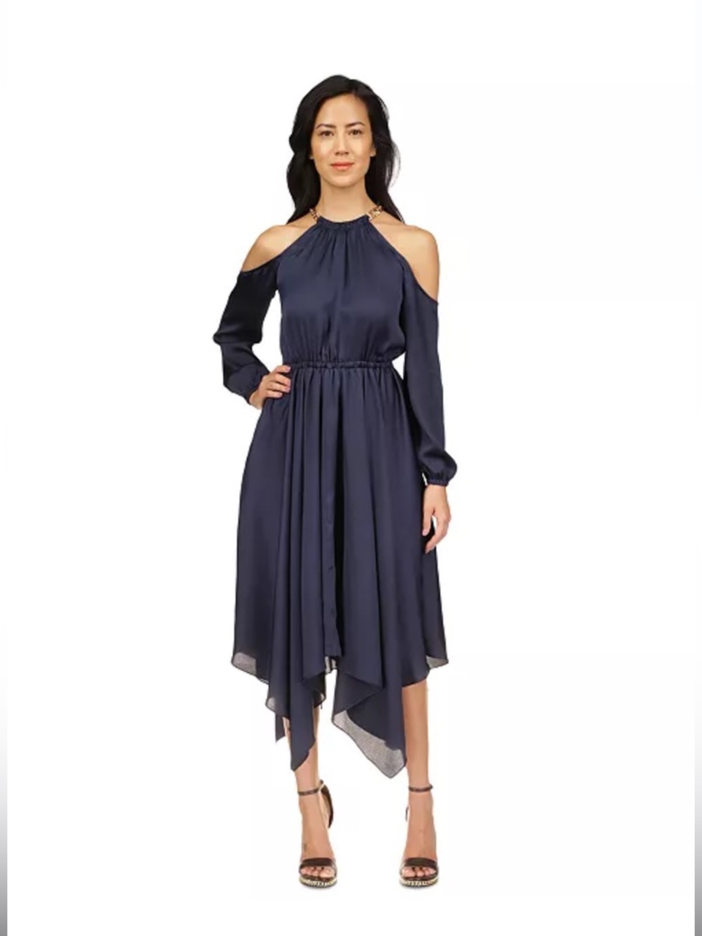 Michael Kors Navy Halter High-Low Midi Dress with Gold Hardware